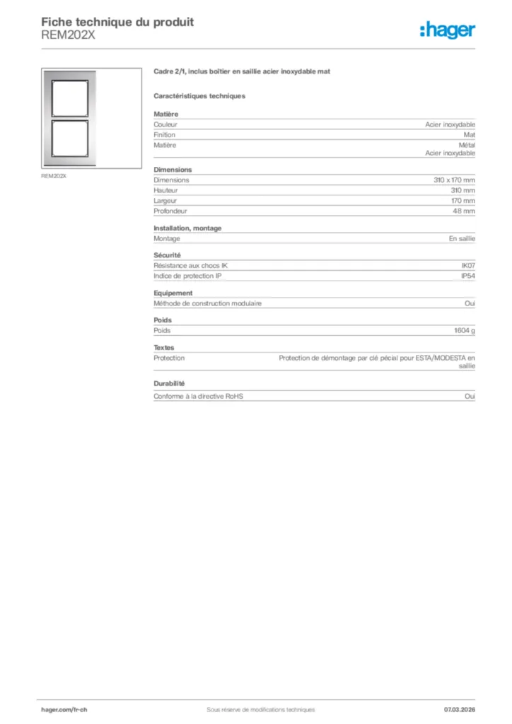 Image Hager Fiche technique du produit REM202X | Hager Suisse