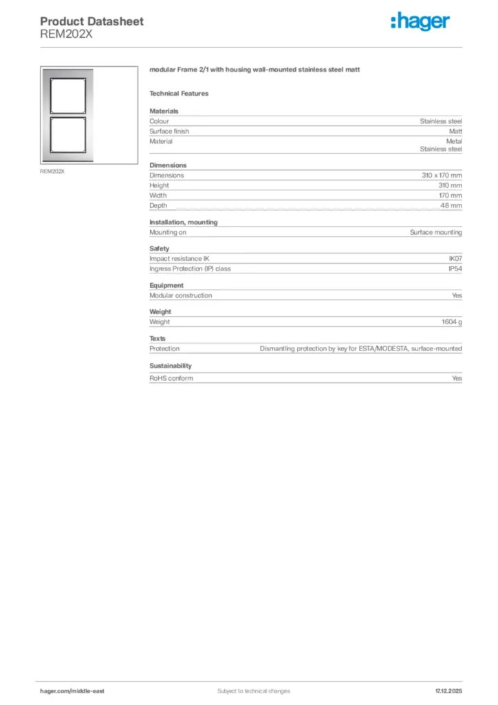 Image Hager Product data sheet REM202X  | Hager