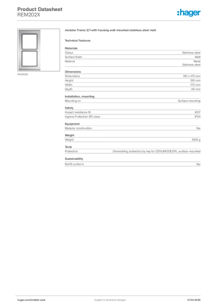 Image Hager Product data sheet REM202X  | Hager