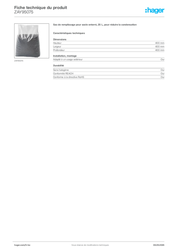 Image Hager Fiche technique du produit ZAY95075 | Hager Belgique