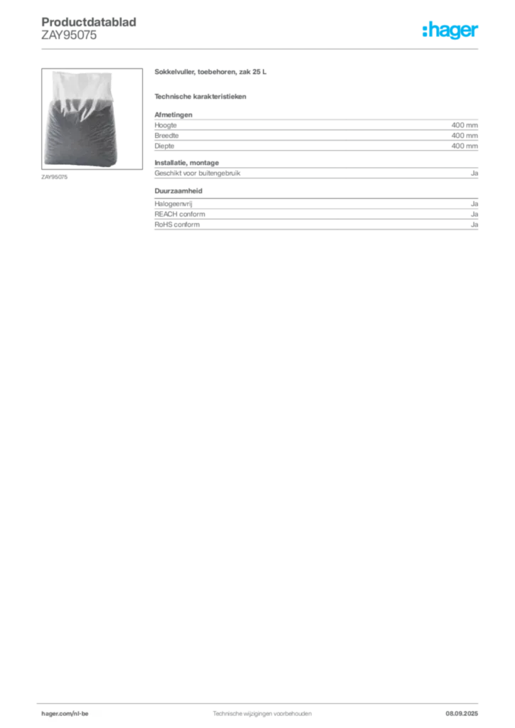 Afbeelding Hager Productdatablad ZAY95075 | Hager Belgium