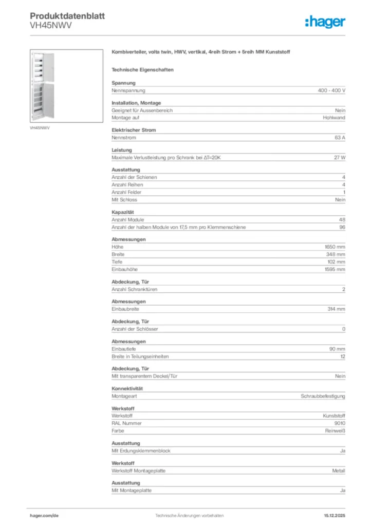 Bild Hager Produktdatenblatt VH45NWV | Hager Deutschland