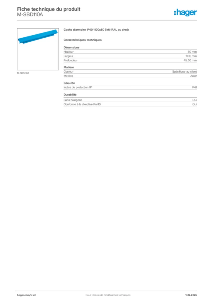 Image Hager Fiche technique du produit M-SBD110A | Hager Suisse