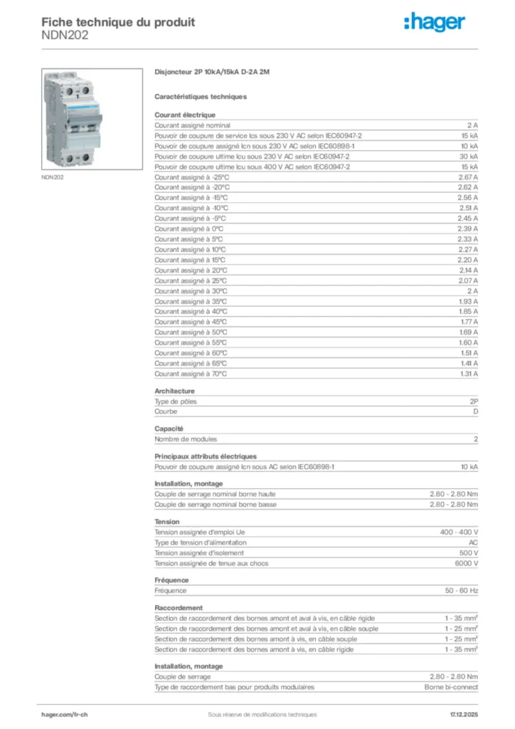 Image Hager Fiche technique du produit NDN202 | Hager Suisse