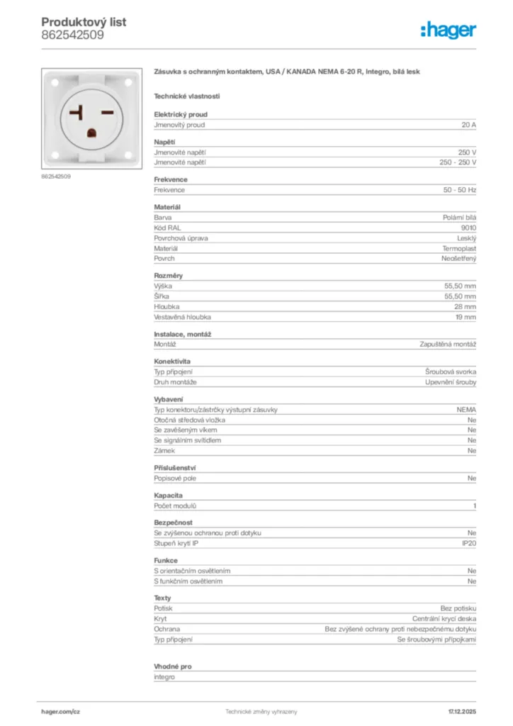 Obrázek Hager Produktový list 862542509 | Hager