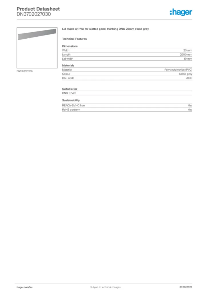 Image Hager Product data sheet DN3702027030  | Hager Australia