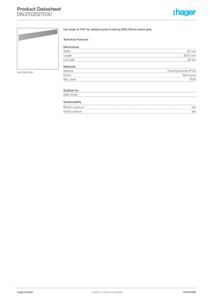 Image Hager Product data sheet DN3702027030  | Hager Australia
