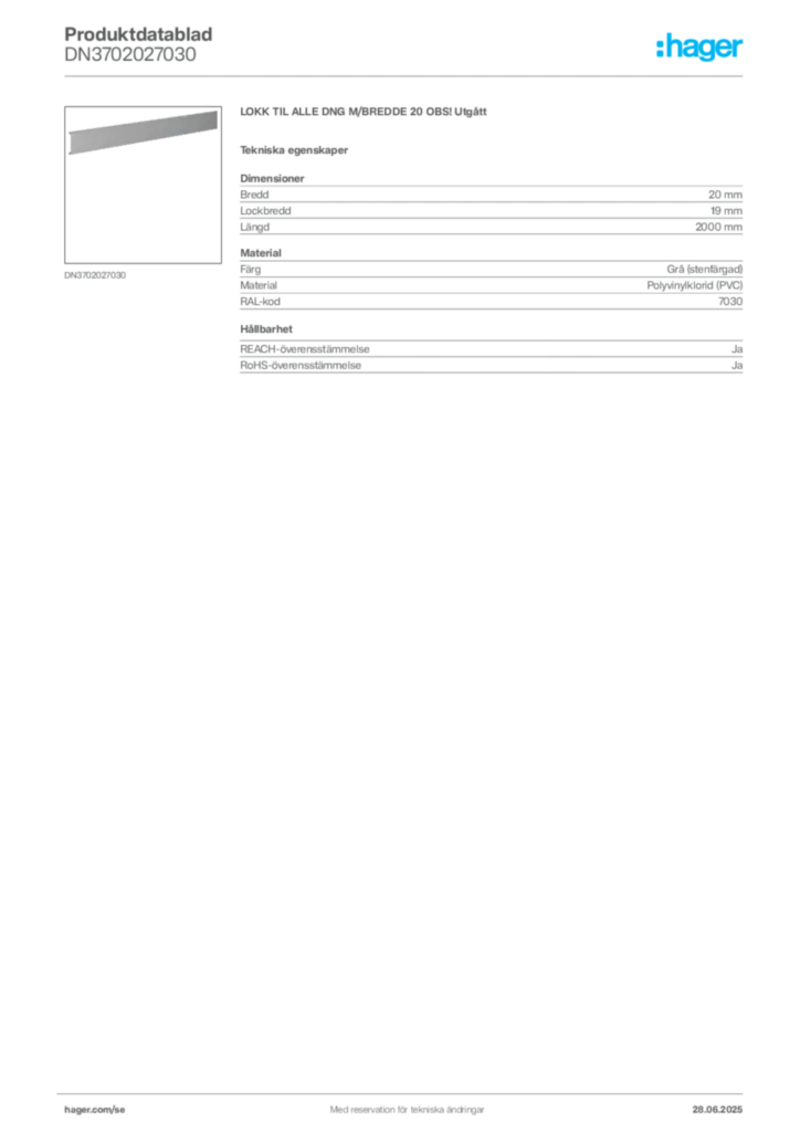 Bild Hager Produktdatablad DN3702027030 | Hager Sverige