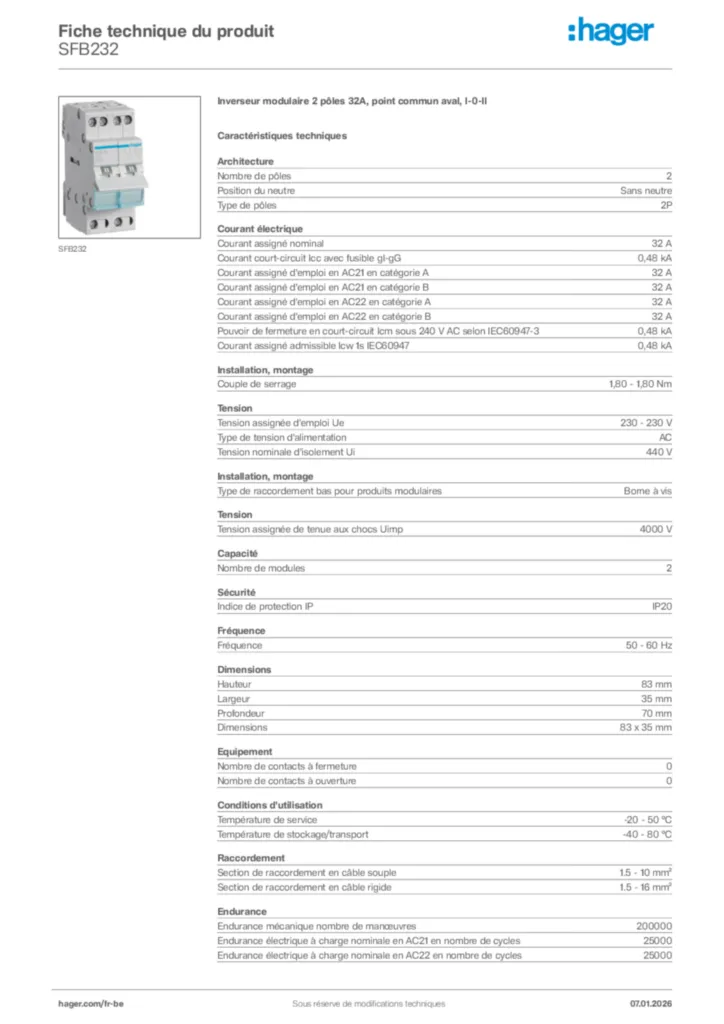 Image Hager Fiche technique du produit SFB232 | Hager Belgique