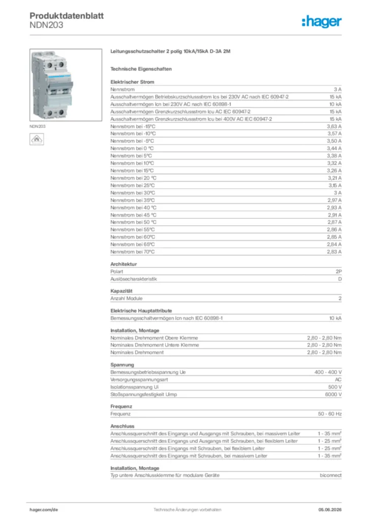 Bild Hager Produktdatenblatt NDN203 | Hager Deutschland