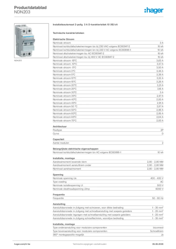 Afbeelding Hager Productdatablad NDN203 | Hager Belgium