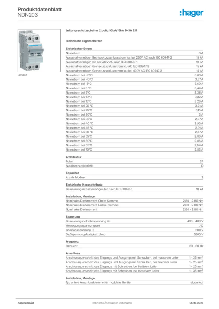 Bild Hager Produktdatenblatt NDN203 | Hager Deutschland