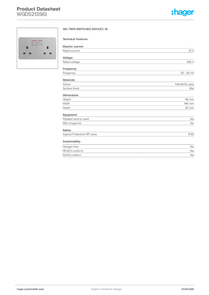 Image Hager Product data sheet WGDS213SIG  | Hager