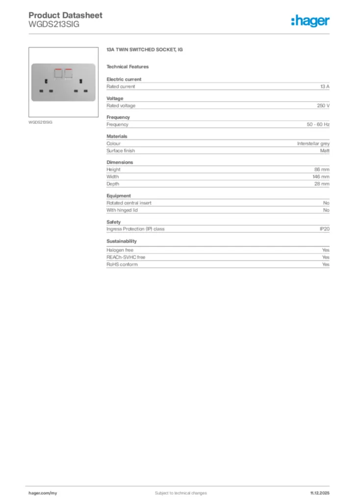 Image Hager Product data sheet WGDS213SIG  | Hager