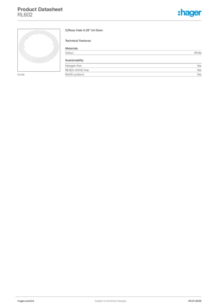 Image Hager Product data sheet RL602  | Hager