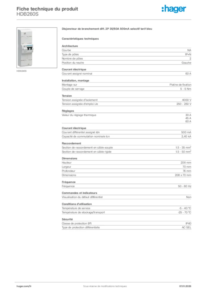 Image Hager Fiche technique du produit HDB260S | Hager France