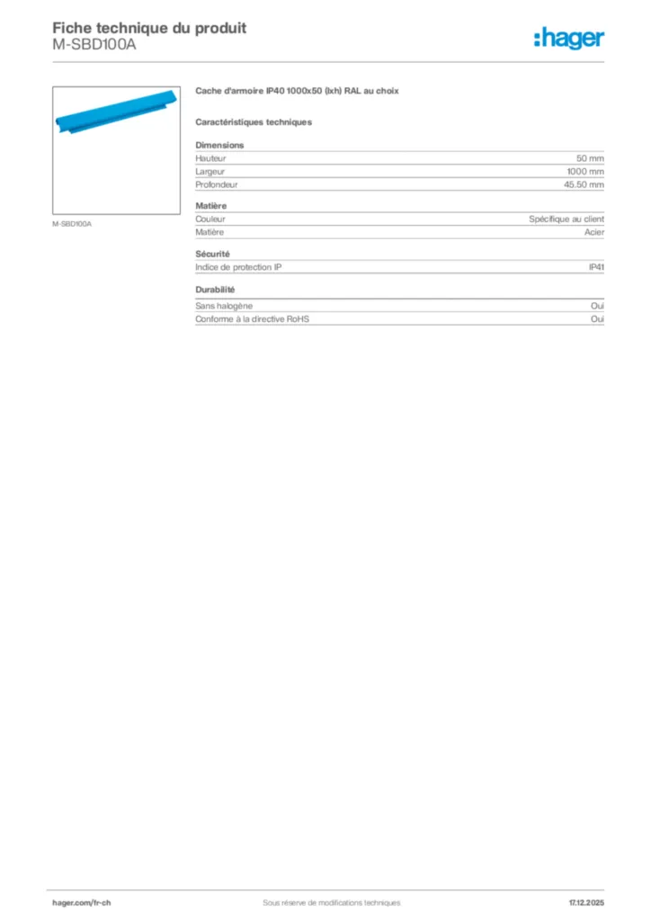 Image Hager Fiche technique du produit M-SBD100A | Hager Suisse