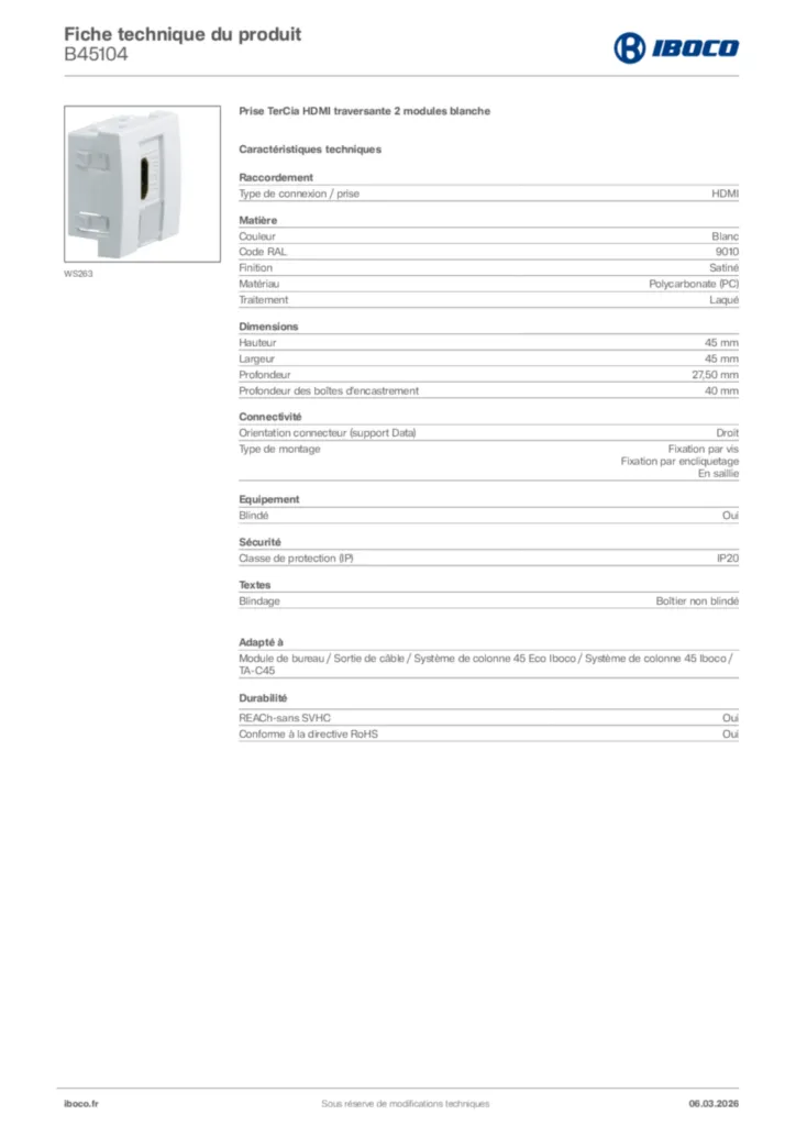 Image Iboco Fiche technique du produit B45104 | Hager France