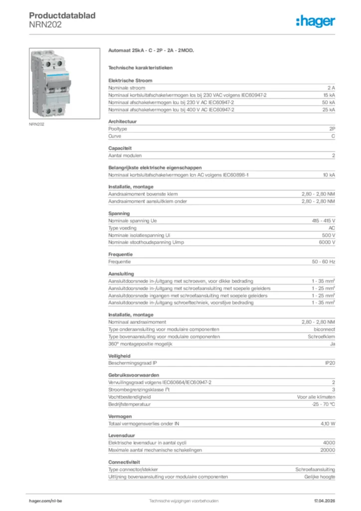 Afbeelding Hager Productdatablad NRN202 | Hager Belgium