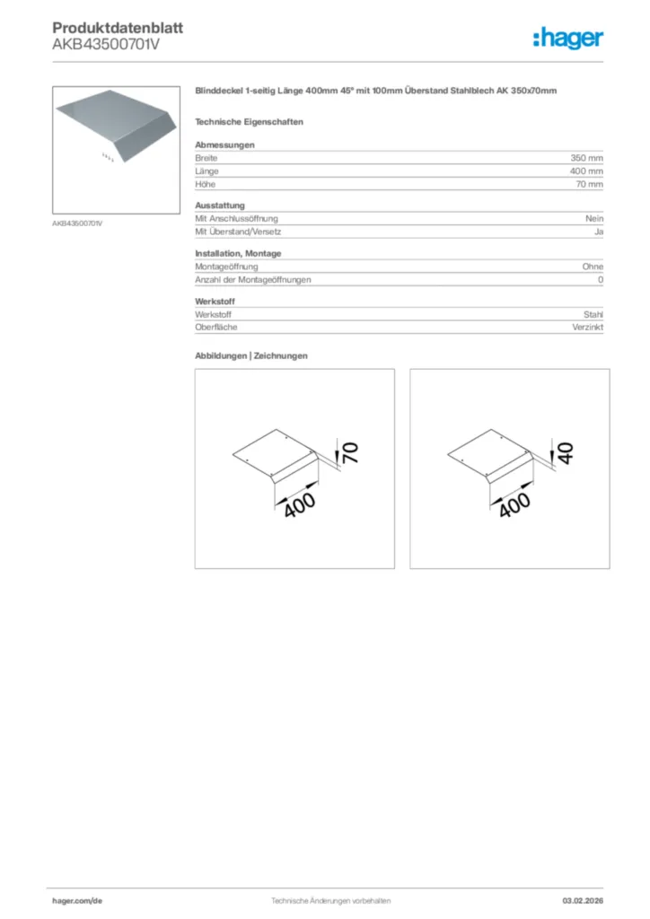 Bild Hager Produktdatenblatt AKB43500701V | Hager Deutschland