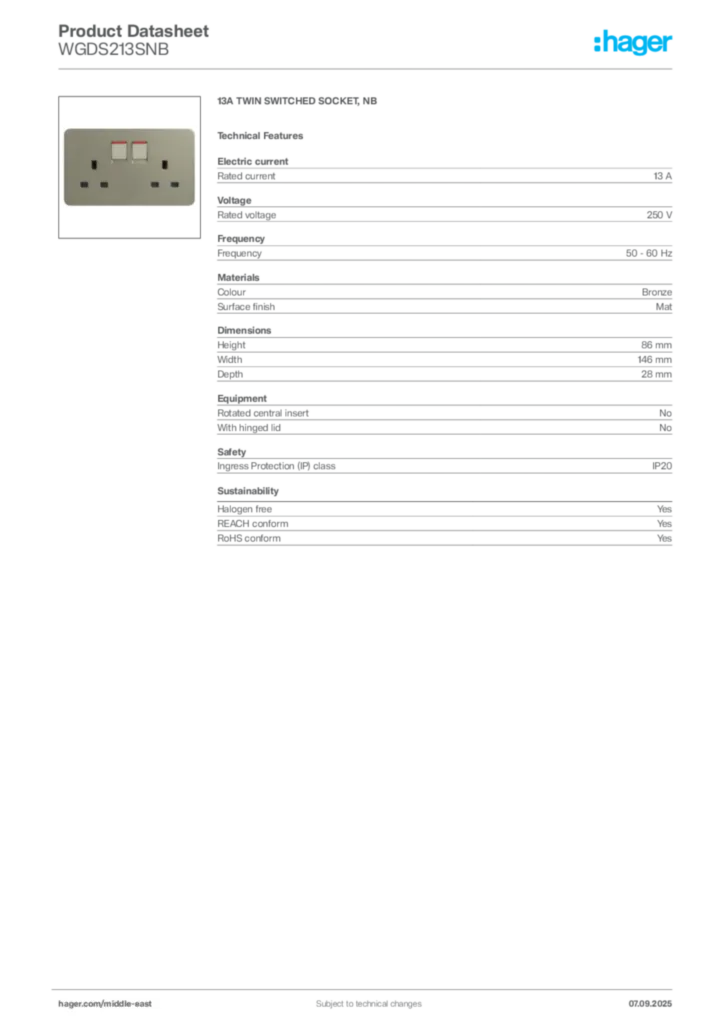Image Hager Product data sheet WGDS213SNB  | Hager