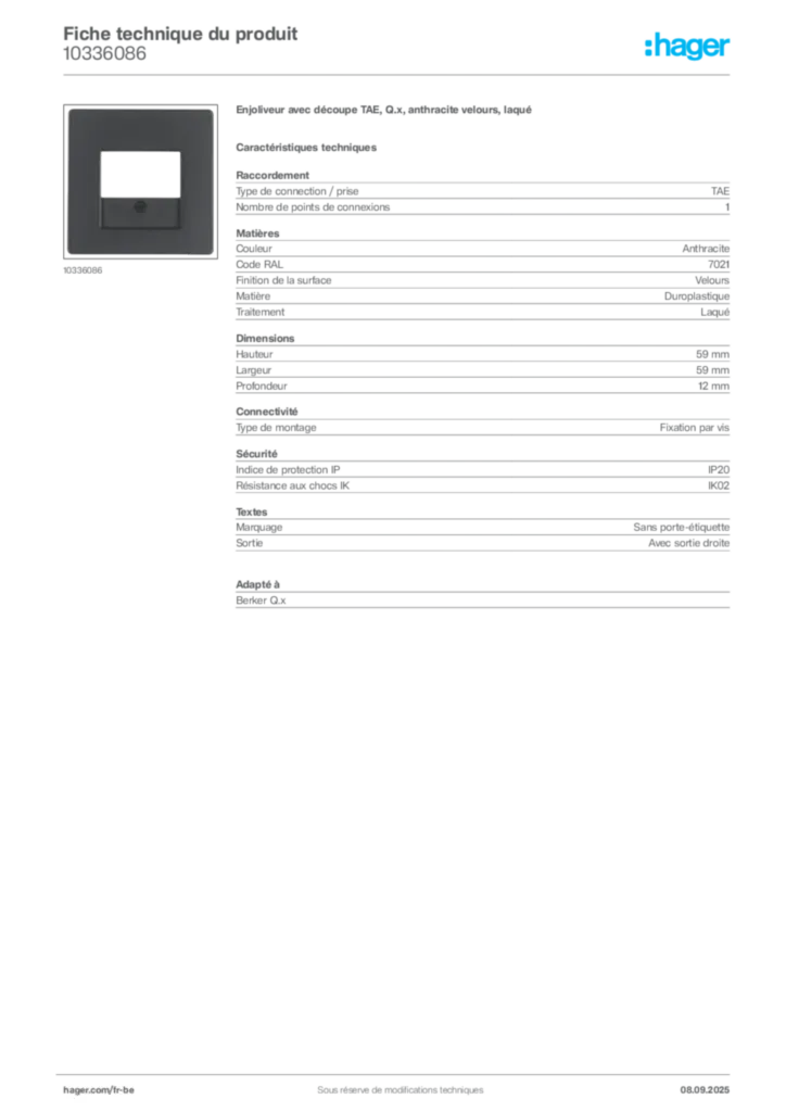 Image Hager Fiche technique du produit 10336086 | Hager Belgique