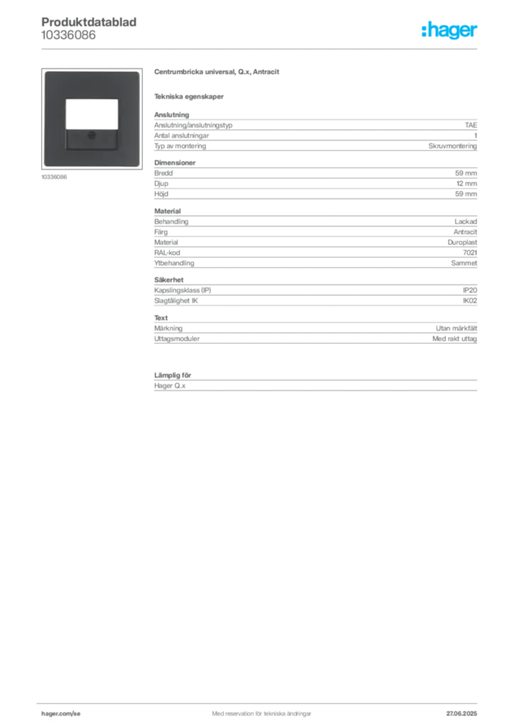 Bild Hager Produktdatablad 10336086 | Hager Sverige