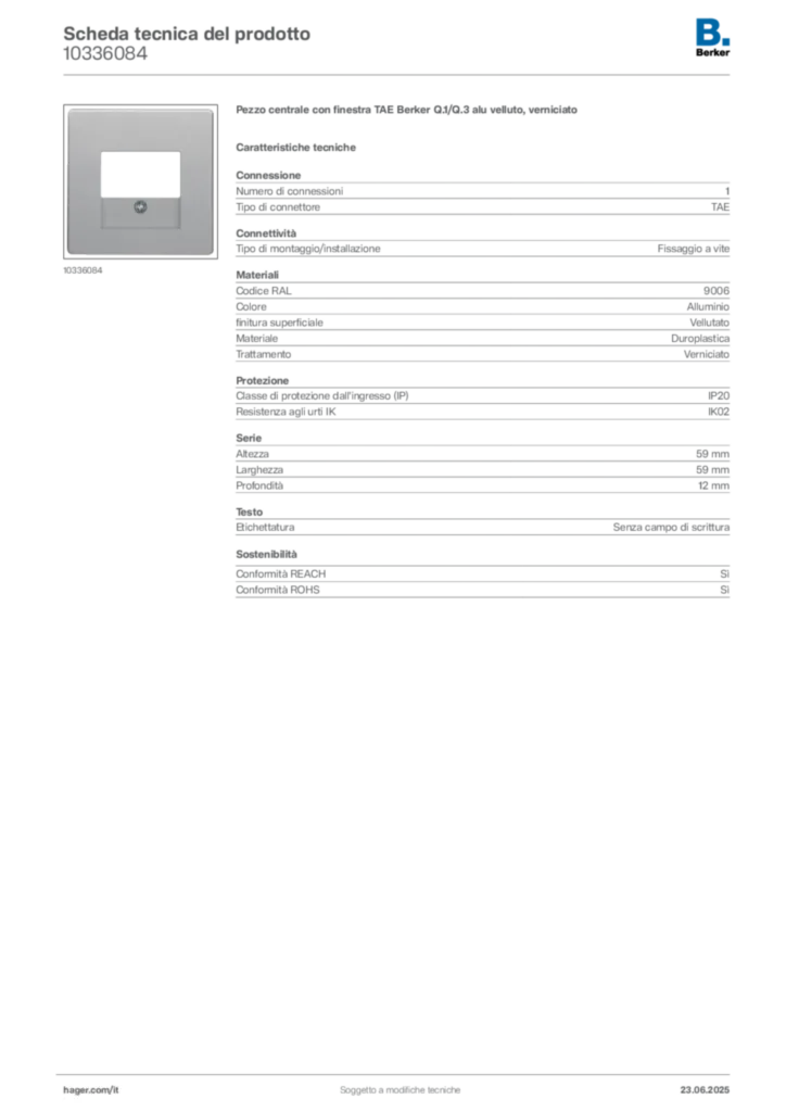 Immagine Berker Scheda tecnica del prodotto 10336084 | Hager Italia
