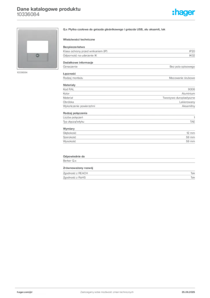 Zdjęcie Hager Karta katalogowa 10336084 | Hager Polska