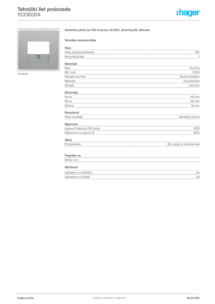 Slika Hager Product data sheet 10336084  | Hager