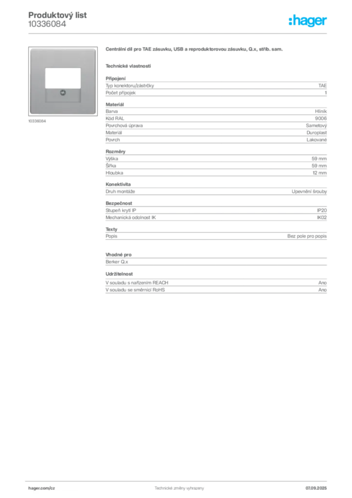 Obrázek Hager Produktový list 10336084 | Hager