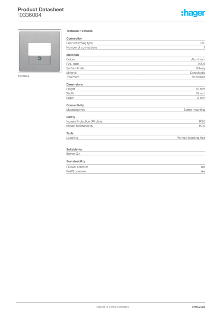 Image Hager Product data sheet 10336084  | Hager