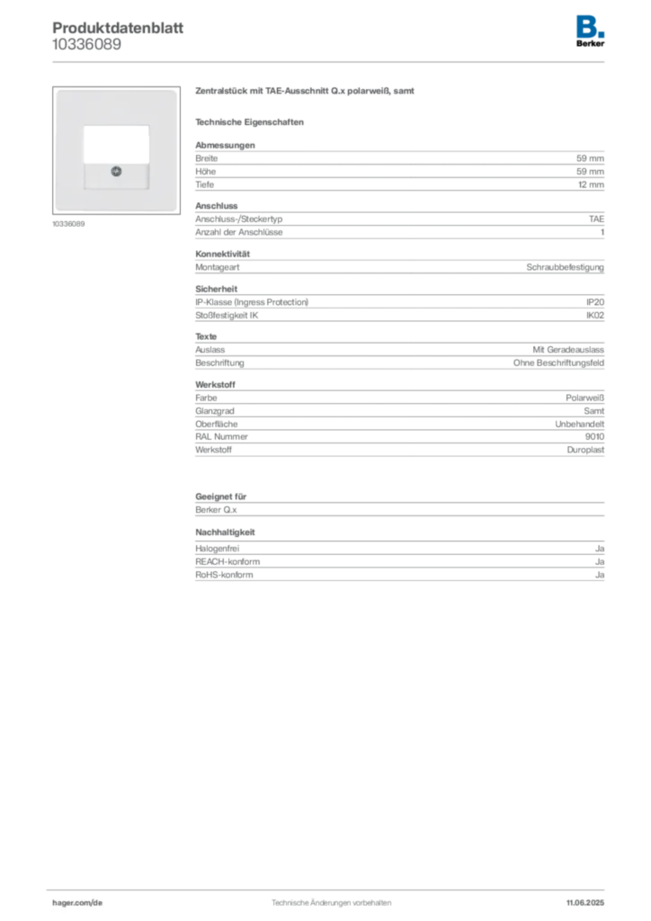 Bild Berker Produktdatenblatt 10336089 | Hager Deutschland