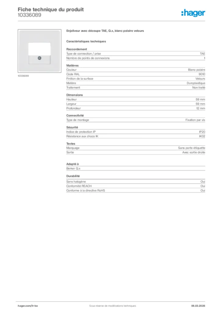 Image Hager Fiche technique du produit 10336089 | Hager Belgique