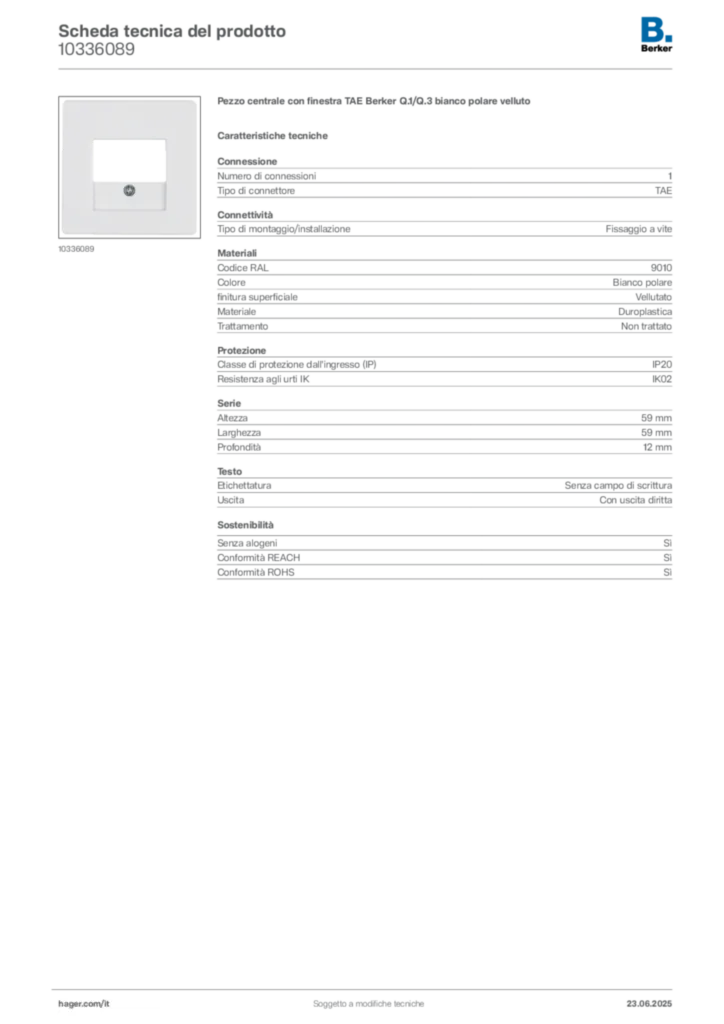 Immagine Berker Scheda tecnica del prodotto 10336089 | Hager Italia