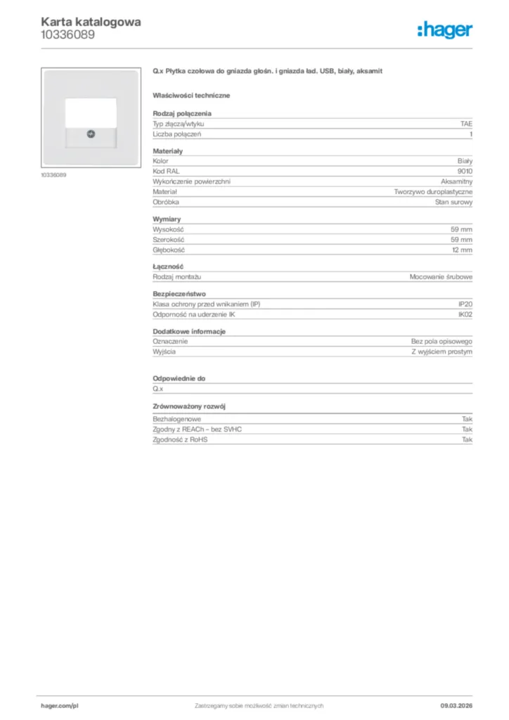 Zdjęcie Hager Karta katalogowa 10336089 | Hager Polska