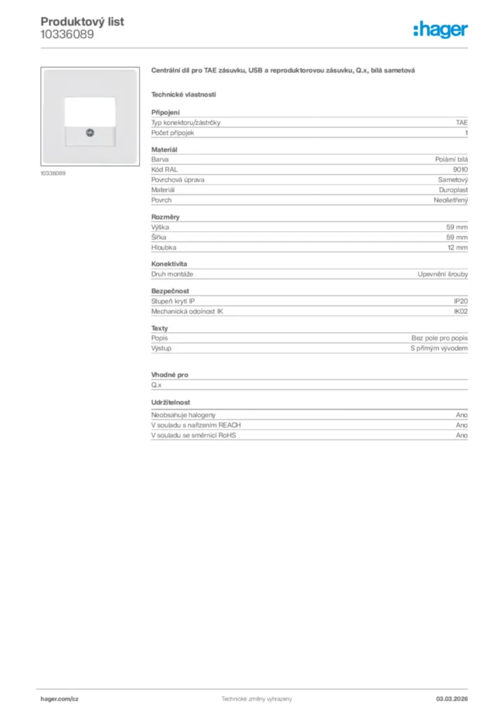 Obrázek Hager Product data sheet 10336089 | Hager