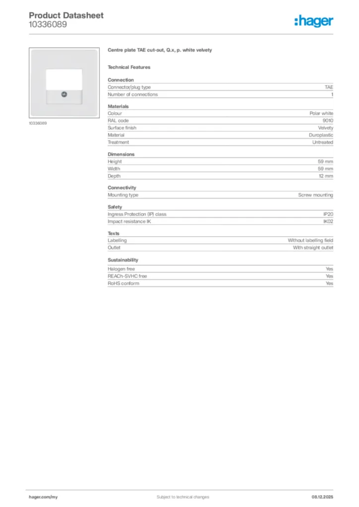 Image Hager Product data sheet 10336089  | Hager