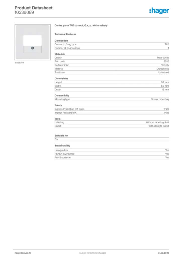 Image Hager Product data sheet 10336089  | Hager