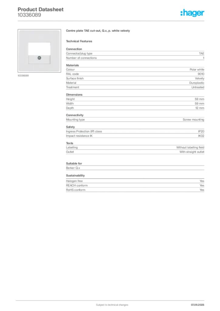 Image Hager Product data sheet 10336089  | Hager