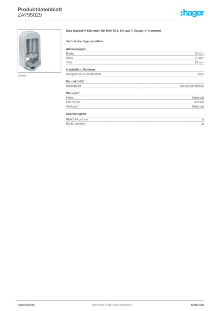 Bild Hager Produktdatenblatt ZAY95029 | Hager Deutschland