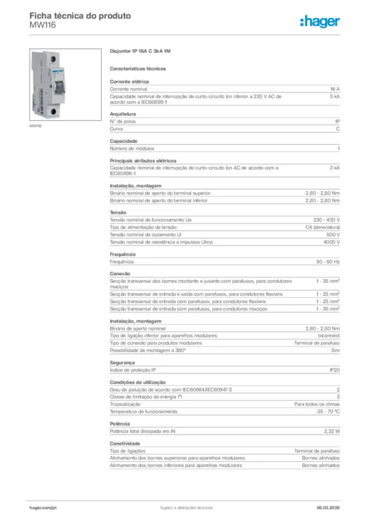 Imagem Hager Ficha técnica do produto MW116 | Hager Portugal