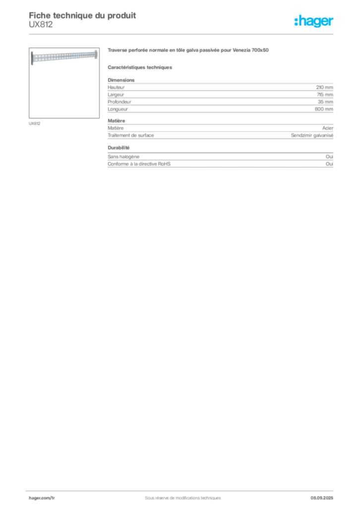 Image Hager Fiche technique du produit UX812 | Hager France