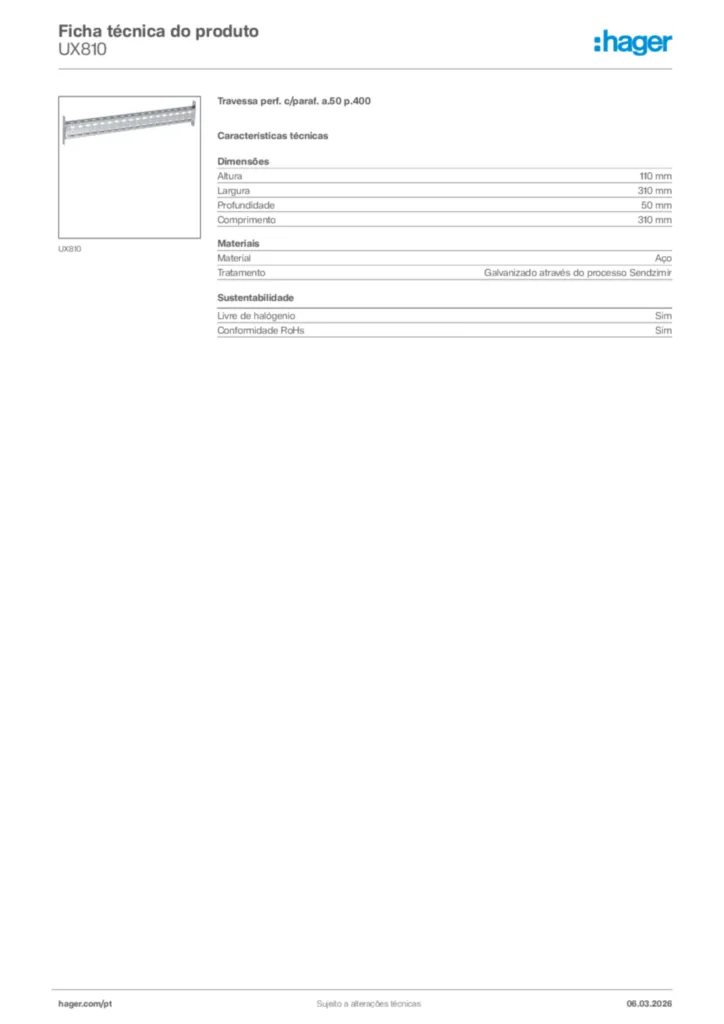 Imagem Hager Ficha técnica do produto UX810 | Hager Portugal