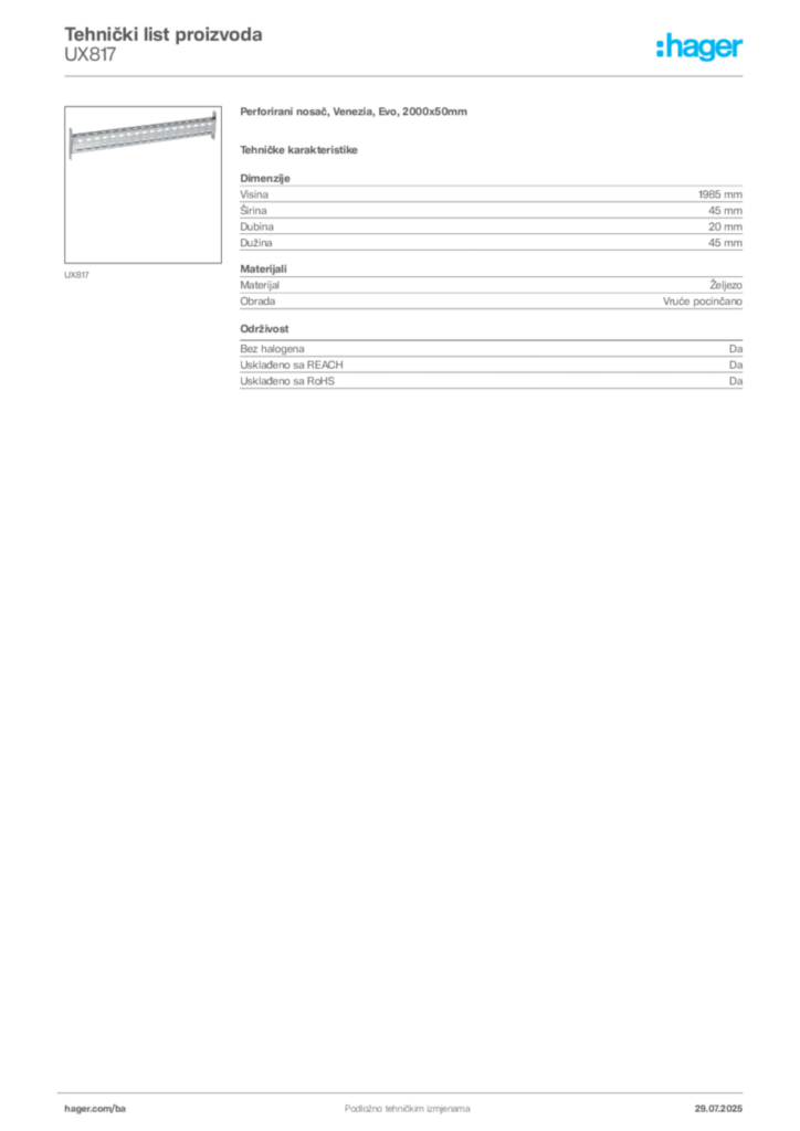 Slika Hager Product data sheet UX817  | Hager