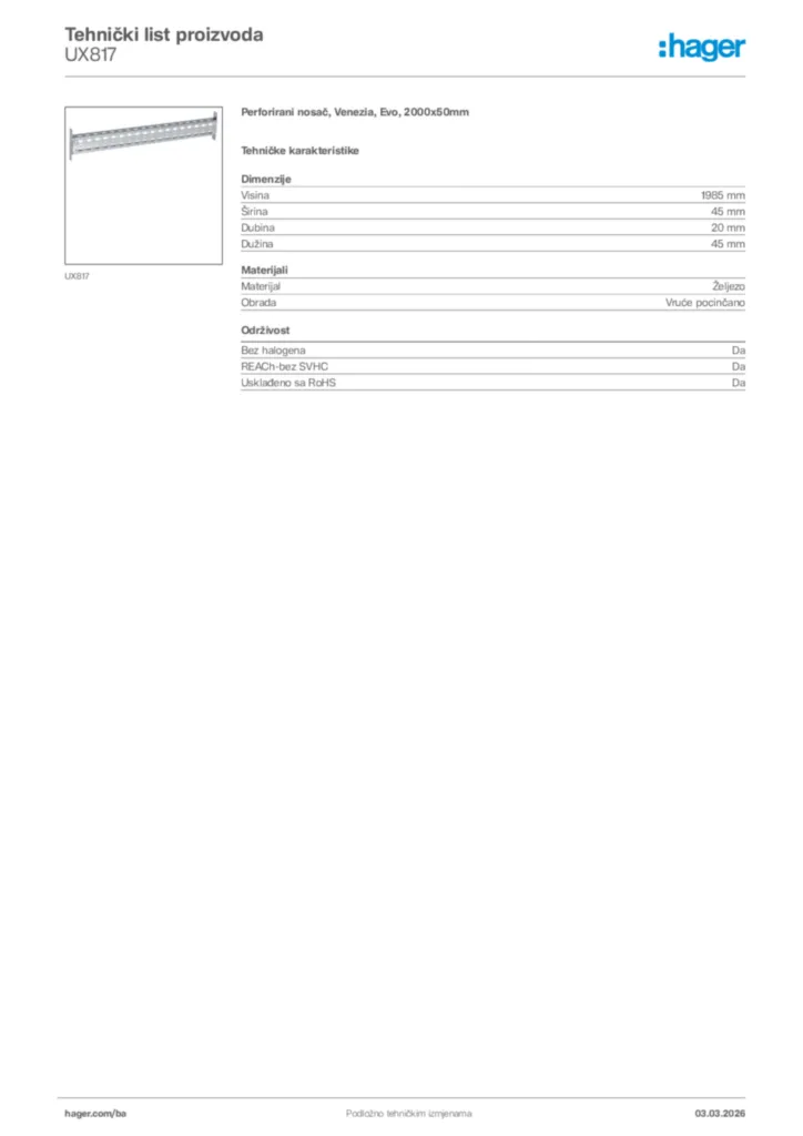 Slika Hager Tehnički list proizvoda UX817  | Hager