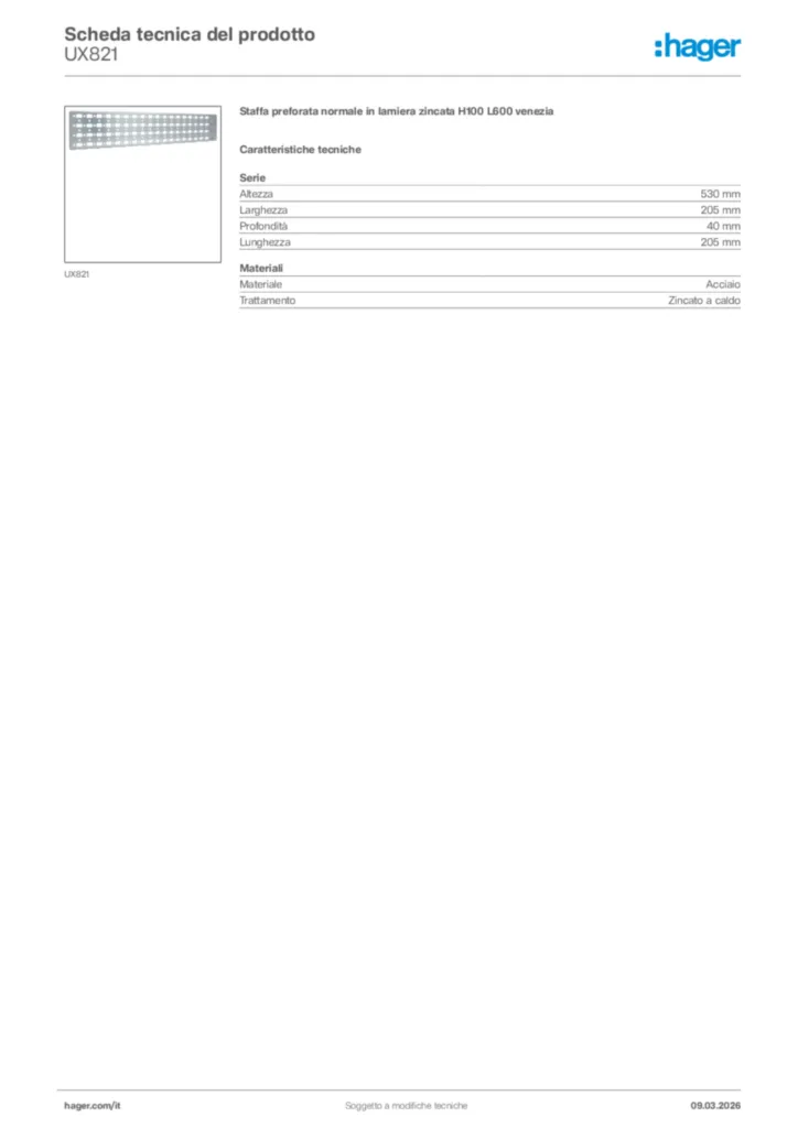 Immagine Hager Scheda tecnica del prodotto UX821 | Hager Italia