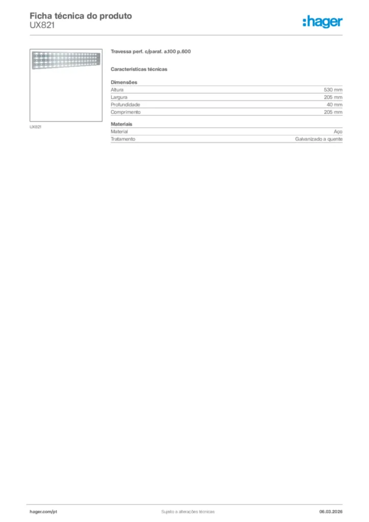 Imagem Hager Ficha técnica do produto UX821 | Hager Portugal