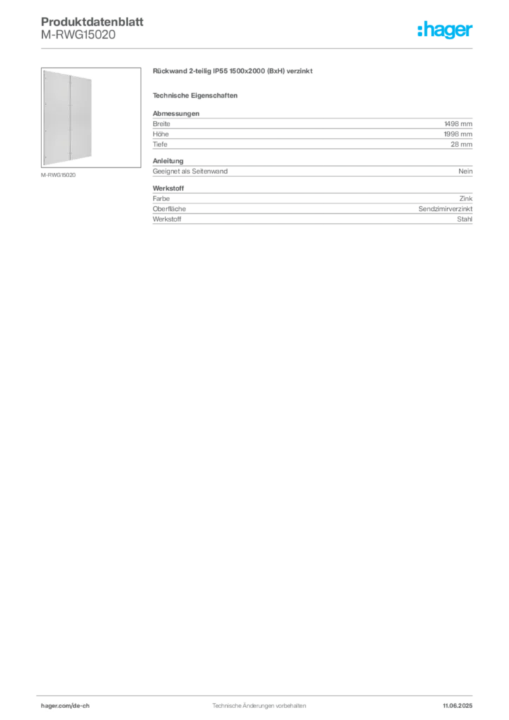 Bild Hager Produktdatenblatt M-RWG15020 | Hager Schweiz