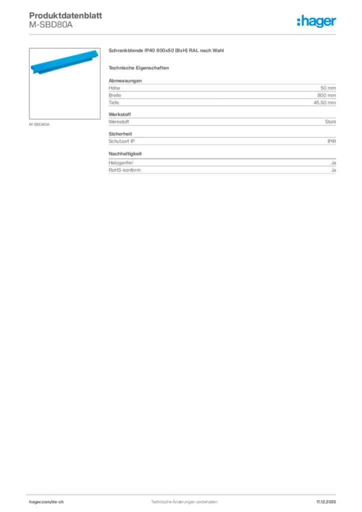 Bild Hager Produktdatenblatt M-SBD80A | Hager Schweiz